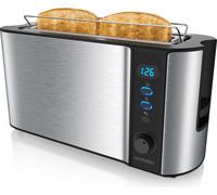 Grille-pain Arendo 2 tranches, fente longue, fente longue, acier inoxydable, 1000W, écran avec indication du temps restant, support à petits pains, fonction de dégivrage, boîtier thermo-isolant, argen