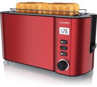 Grille-pain Arendo 4 tranches, fente longue, acier inoxydable, 1500W, écran avec affichage du temps restant, support à petits pains, fonction décongélation, boîtier thermo-isolant, rouge