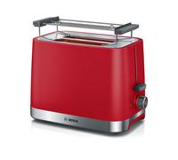Grille-pain Bosch TAT4M224 2 tranches, 950W Rouge, corps en acier inoxydable, contrôle de brunissage, fonctions réchauffage et décongélation, tiroir ramasse-miettes amovible