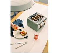 CREATE/TOAST RETRO DOUBLE/Grille-pain pour tranches larges vert sauge/Ramasse-miettes, 6 niveaux de puissance, thermostat, décongélation, réchauffage, 4 fentes, 1500W