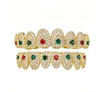 Grillz à Zircons Colorés Micro-Sertis, 18K Plaqué Or et Argent Bijou Hip-Hop, Cadeau Décoration Unisexe pour Homme et Femme(Gold,Set)