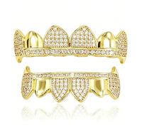 Grillz Canines Vampires 6 Dents Haut bas Micro-pavé Zircones Cubiques Plaqué or Bijoux Hip-hop pour Rappeur Halloween et Fêtes(Gold)
