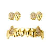 Grillz Crochets Vampire Défenses, 18K Plaqué Or et Argent Micro-Serti, Bijou Hip-Hop Unisex Cadeau Décoration pour Homme et Femme(Gold)