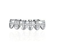 Grillz de Croix pour Vos Dents, Hommes et Femmes, Laiton Plaqué Or 18K Avec Cz, Accessoire Costume Hip-Hop Cosplay(Silver,Lower)