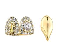 Grillz Dentaire Croix Elliptique Ajourée Cz, Plaqué Or et Argent 18K Micro Serti Hip Hop Bijou Décoratif Unisexe(Gold,Set2)