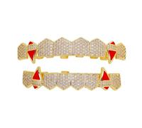 Grillz Dentaires Cz avec Crocs Rouges Iced Out, Bijoux Dentaires Hip-Hop Micro-Sertis Plaqué Argent 18K, Cadeau Décoratif Mode Unisexe(Gold,Set1)