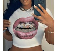 Grillz dentaires minimalistes dorés décontractés, t-shirt court à manches courtes en coton à encolure ras-du-cou, coupe près du corps, design de lèvres sexy pour femmes L,M,S,XL,XS,XXL,XXSPortrait,Let