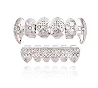 Grillz en Diamant Plaqué Or 18 Carats, Crocs de Vampire Dracula PlaquéS Or pour les Dents SupéRieures, Grillz Croix GlacéEs(Silver)