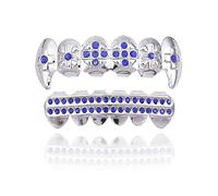 Grillz en Diamant Plaqué Or 18 Carats, Crocs de Vampire Dracula PlaquéS Or pour les Dents SupéRieures, Grillz Croix GlacéEs(Silver blue)