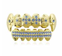 Grillz en Diamant Plaqué Or 18 Carats, Crocs de Vampire Dracula PlaquéS Or pour les Dents SupéRieures, Grillz Croix GlacéEs(Gold blue)