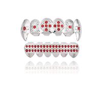 Grillz en Diamant Plaqué Or 18 Carats, Crocs de Vampire Dracula PlaquéS Or pour les Dents SupéRieures, Grillz Croix GlacéEs(Silver red)
