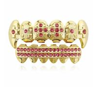 Grillz en Diamant Plaqué Or 18 Carats, Crocs de Vampire Dracula PlaquéS Or pour les Dents SupéRieures, Grillz Croix GlacéEs(Gold pink)