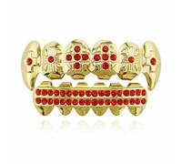 Grillz en Diamant Plaqué Or 18 Carats, Crocs de Vampire Dracula PlaquéS Or pour les Dents SupéRieures, Grillz Croix GlacéEs(Gold red)