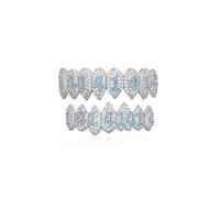 Grillz en or 18 carats incrusté de zircons brillants Accessoire de rap, accessoire pour Halloween et Noël - Livré avec de la cire dentaire (argent brillant)