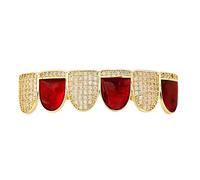Grillz Mixt Miroir Diamant Complet Rouge Noël, Micro Serti 18K Plaqué Or et Argent, Bijou Hip-Hop Unisex Cadeau Décoration pour Homme et Femme(Gold,Lower teeth)