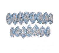 Grillz plaqué or 18 carats avec zircons cubiques bleus - 1414 lettres - 8 accolades - Grilles supérieures et inférieures pour vos dents - Pour homme et femme - Bijoux hip-hop pour Halloween, one size