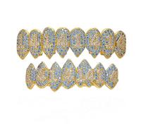 Grillz plaqué or 18 carats avec zircons cubiques bleus - 1414 lettres - 8 accolades - Grilles supérieures et inférieures pour vos dents - Pour homme et femme - Bijoux hip-hop pour Halloween, one size