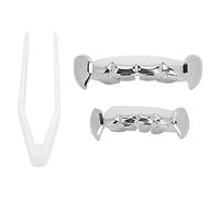 Grillz Plaqué Or, Décoration d'orthèse Dentaire, Dents d'halloween avec 2 Barres Moulage en Silicone Différentes Fausses Dents 3 Couleurs pour Les Fêtes d'halloween/Défilés de Mode Hip Hop(Argent)