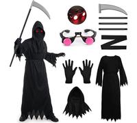 Grim Reaper Costume,Costume Halloween Adulte,Faucheuse Halloween-Comprend une Yeux Lumineux,Capuche,Une Faux,Un Masque et des Gants-Deguisement Halloween Homme Costume pour Carnaval et Cosplay