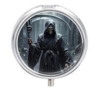 Grim Reaper Pilulier portable avec 3 compartiments et petit miroir pour poche ou sac à main, organisateur de médicaments rond, organisateur de vitamines décoratif