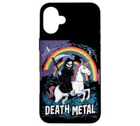 Grim Reaper Rides Unicorn Under Rainbow Death Rocker en métal Coque pour iPhone 16 Plus
