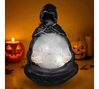 Grim Reaper Statue with Flying Bats Crystal Ball, Halloween Decor Grim Reaper Figurine with Light Up Ball, Creepy Gothic Spooky Sculpture, Halloween Snow Globes, Floating Bat Ornament