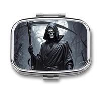 Grim ReaperPill Organiseur avec miroir, pilulier de voyage en métal à 2 compartiments pour médicaments quotidiens, design compact et artistique pour sac à main, poche ou portefeuille