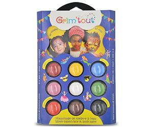 Grim’tout Maquillage à l’Eau 9 Couleurs - Palette Carnaval pour le Grimage avec Éponge et Pinceau - Maquillage Halloween, Anniversaire, Spectacle - Dès 3 Ans