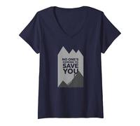 Grimpeur de Motivation « No Ones Coming to Save You » T-Shirt avec Col en V, Femme, Bleu Marine, S