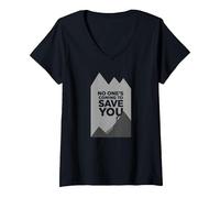 Grimpeur de Motivation « No Ones Coming to Save You » T-Shirt avec Col en V, Femme, Noir, L