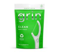 GRIN Fine Flosspyx Lot de 75 cure-fils dentaires, saveur menthe, plastique recy il fin super résistant, dents serrées, tête de fil dentaire plus longue, cure-dents pliable