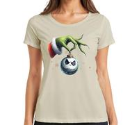 Grinch Hand Jack Skellington T-shirt rétro pour femme Motif boule de Noël sombre, naturel, 3XL