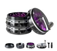 Grinder à herbes en métal transparent de 6,3 cm, grand moulin à épices en alliage d'aluminium avec poignée pliable, grattoir à pollen et brosse de nettoyage (noir/violet)
