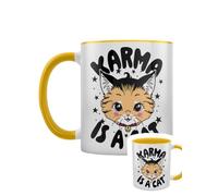 Grindstore Kitsch Kitten Karma is A Cat Mug bicolore intérieur jaune