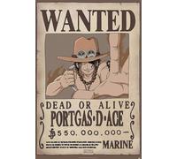 Grindstore One Piece Wanted Ace Maxi poster - Grande impression murale plastifiée, décoration murale, décoration de maison, bureau, salle de classe, idée cadeau, impression décorative 91,5 x 61 cm
