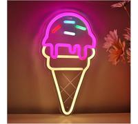 Griozzyi Enseigne lumineuse Panneau mural néon en forme de cornet glace avec paillettes sucre, pour décoration magasin, crème glacée, 16,4 x 29,6cm