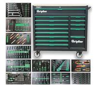 Griplier Chariot à outils verrouillable avec 14 tiroirs, établi en bois, roue de frein, 118 x 46,6 x 108,5 cm (l x P x H) - Noir/vert (14 tiroirs avec kit d'outils de 348 pièces)