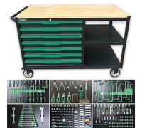 Griplier Chariot d'atelier à 7 tiroirs avec double étagères, plan de travail en bois, pour garage, atelier ou utilisation en extérieur, capacité de charge de 300 kg (7 tiroirs avec 258 outils)