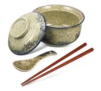 GRIRIW Bol Ramen Céramique avec Couvercle Baguettes et Cuillère Set Complet Résistant pour Soupe et Nouilles Usage Quotidien Confortable et Élégant