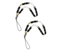 GRIRIW Lot de 2 Chaînes de Téléphone Portable 6Mm en Perles Soft Clay Bicolores Noir et Blanc Cordons Décoratifs Antidérapants Motif Love Lanières de Poignet Résistantes aux Chutes
