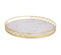 GRIRIW Plateau Décoratif Rond Grand Format en Bois Motif Marbre Blanc Cadre Doré Plateau de Service Polyvalent pour Thé Fruits et Rangement Décoration Maison et Table Basse