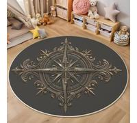 Gris argenté Style rococo Sculpture de boussole en forme d'étoile Rond Tapis Antidérapant Lavable en Machine 80cm Cuisine Salon Chambre Adulte Interieur Bureau Cuisine Poil Ras Decoration Chambrel
