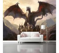 Gris Foncé Papier Peint Panoramique - Mystère Dragon Peinture De Château Décoration Murale Tapisserie Murales Papier Peint Intissé pour Chambre Salon - Poster Tableaux Photo Muraux, 250 x 175 cm