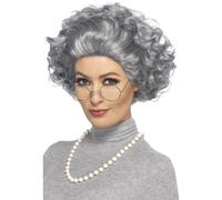 Gris Grand-Mère Perruque Kit Avec Verres Et Collier Accessoire Déguisement