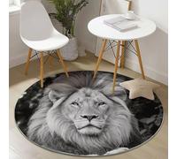 Gris Lavable Tapis Rond, Animal Gros Plan Lion Impression Flanelle Tapis Rond Doux Antidérapant - Diamètre 160 cm pour Salon Chambre d'enfant Balcon Salle D'étude Décorer