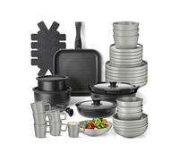 Batterie de cuisine - TECTAKE - Set de cuisine en aluminium inoxydable et grès émaillé pour 6 personnes 47 pièces - Gris/Noir