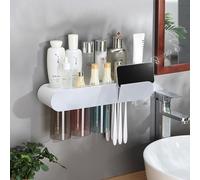 (Gris) Porte-brosse à dents Porte-brosse à dents magnétique sans poinçonnage, porte-brosse à dents avec 3 godets, montage mural avec distributeur de dentifrice, tiroir à cosmétiques, porte-brosse à de