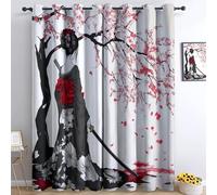 Gris Rideau Occultant Thermiques, L'Encre d'une Femme avec Cerisier Fleurs Double Rideau Isolant Anti-Bruit, Économie d'Énergie, Opaque Doux et Esthétiques pour Chambre, Lot de 2, 110 x 215 cm