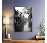 Gris Tableau mural Rivière de ville rétro 30x20 cm Impression sur toile haute définition Décoration murale artistique pour salon chambre bureau maison
