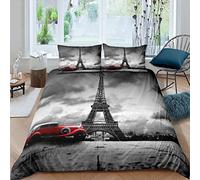Gris Tour Eiffel Parure de Lit 220x240cm Chic Paris Thème Housse de Couette pour Femmes Hommes Rouge Rétro Voiture Parure Housse de Couette Français Paysage Urbain Imprimé Chambre Décor 3 pièces